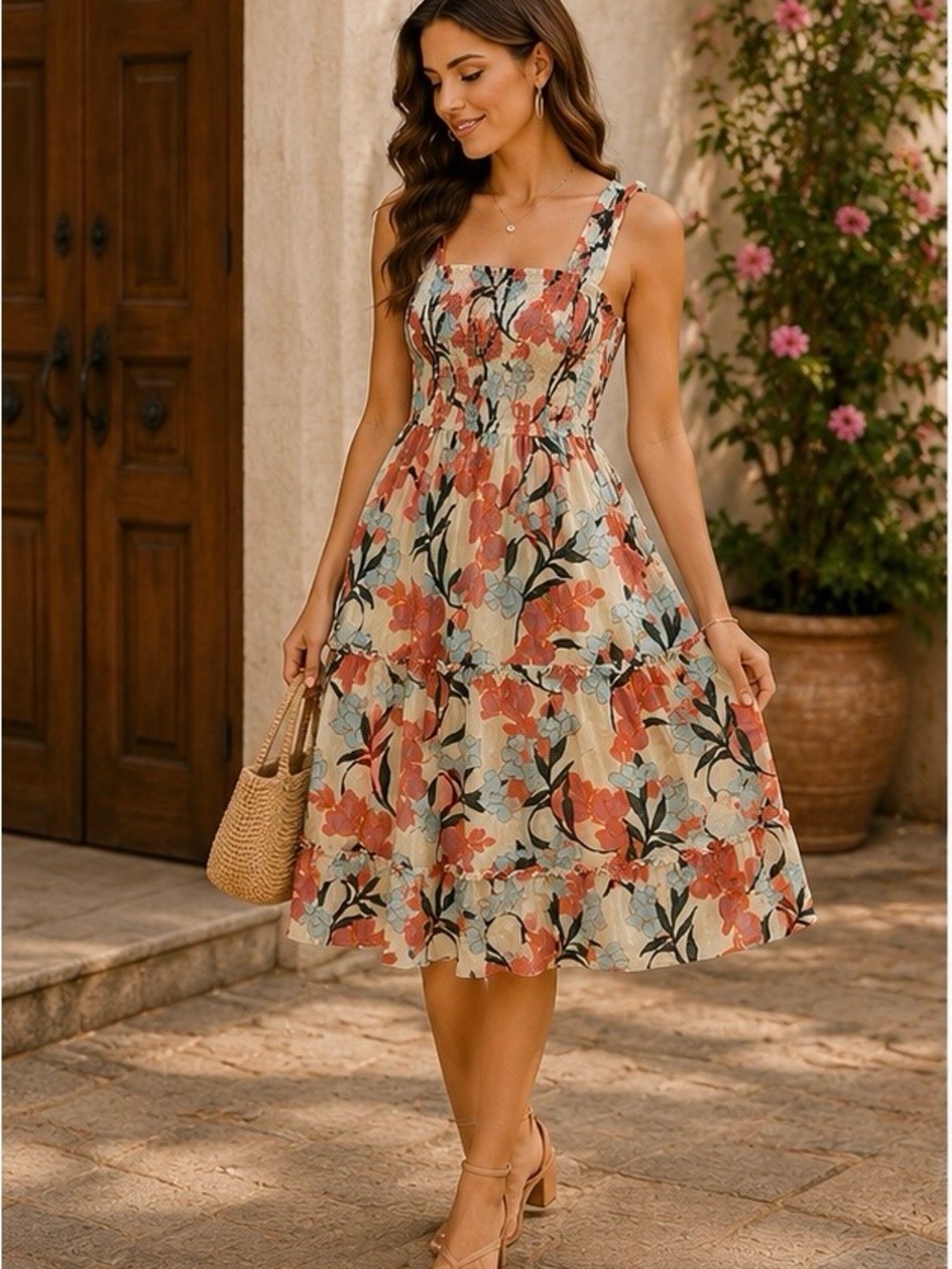 Band of the Free-Smocked Square-Neck Midi Dress in Cream with Coral Floral Print